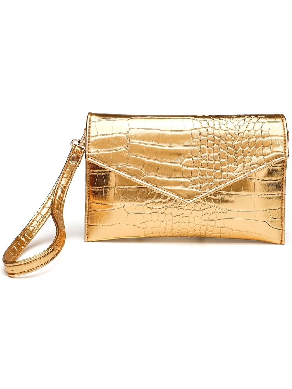 Gold Metallic Croc Embossed Envelope Clutch Wristlet Purse